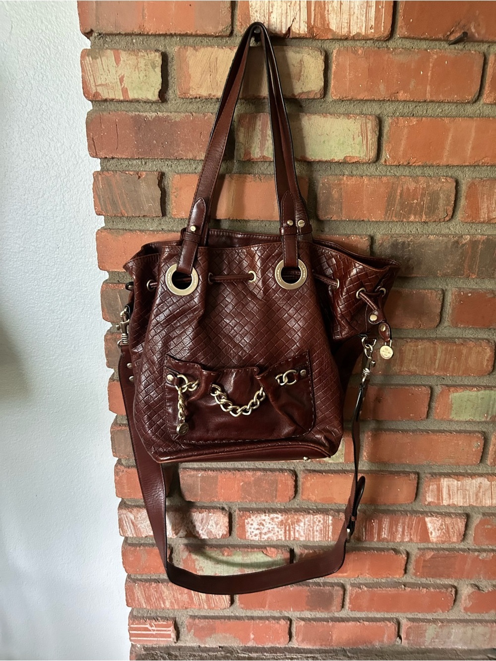 Lancel Woven Leather Bucket Shoulder Bag Purse in Dark Brown